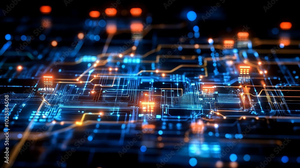 Abstract digital circuit board with glowing lights. Abstract digital circuit board with glowing lights.