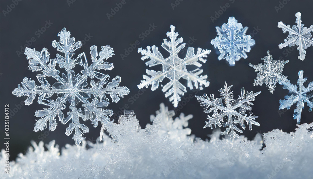 Beautifully intricate snowflakes resting on a soft layer of snow against a dark background during winter Beautifully intricate snowflakes resting on a soft layer of snow against a dark background during winter