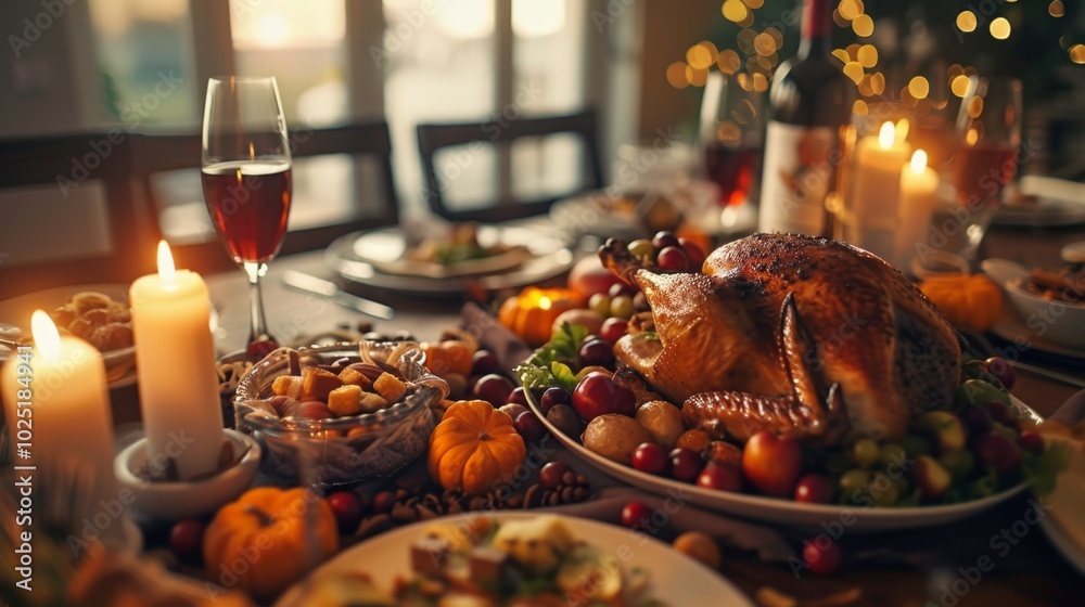 A table with a large turkey, a bottle of wine, and candles A table with a large turkey, a bottle of wine, and candles
