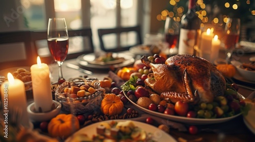 A table with a large turkey, a bottle of wine, and candles