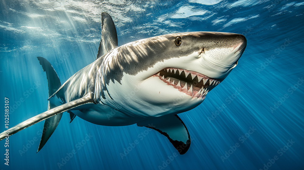 Fototapeta premium Great white shark swimming close to the surface with sunlight filtering through the water, showcasing its powerful and predatory nature.