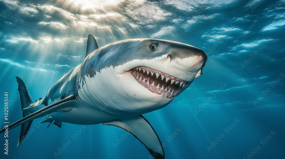Fototapeta premium Great white shark swimming close to the surface with sunlight filtering through the water, showcasing its powerful and predatory nature.