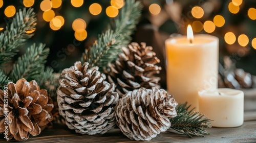 Natural pinecones are arranged with white candles, creating a warm and inviting winter setting illuminated by soft, glowing lights in the background