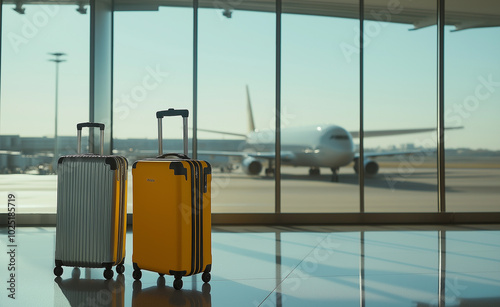 Two suitcases standing by an airport window with a large airplane in the background, conveying travel and anticipation.