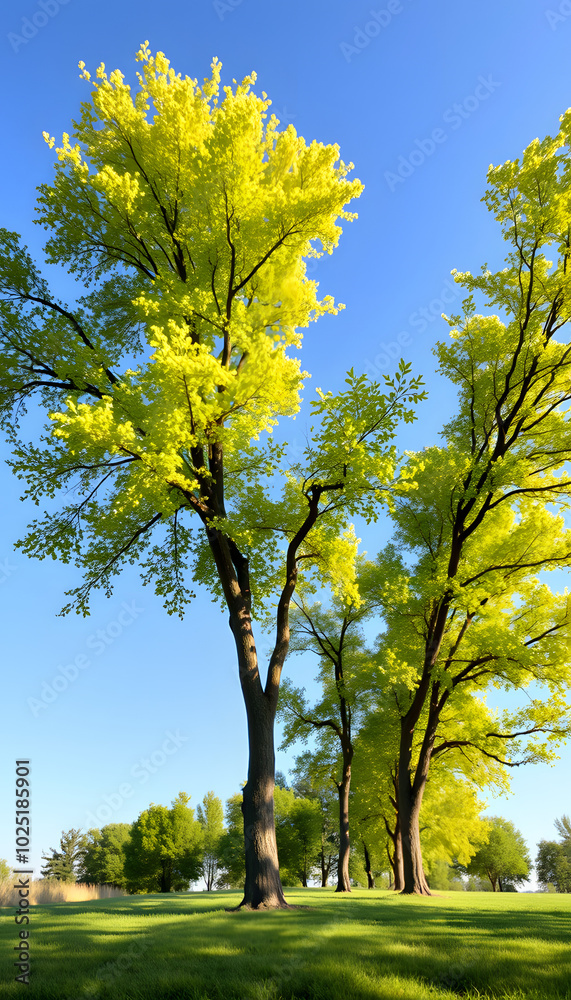 Naklejka premium Fraxinus excelsior frontal set trees isolated png in sunny daylight on a transparent background perfectly cutout (European ash or common ash) isolated with white highlights, png