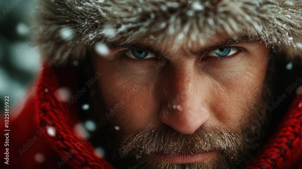 A man stands amidst gently falling snow, wearing a warm fur hat and a red coat. His intense blue eyes gaze directly at the viewer, creating a captivating moment in a winter setting A man stands amidst gently falling snow, wearing a warm fur hat and a red coat. His intense blue eyes gaze directly at the viewer, creating a captivating moment in a winter setting