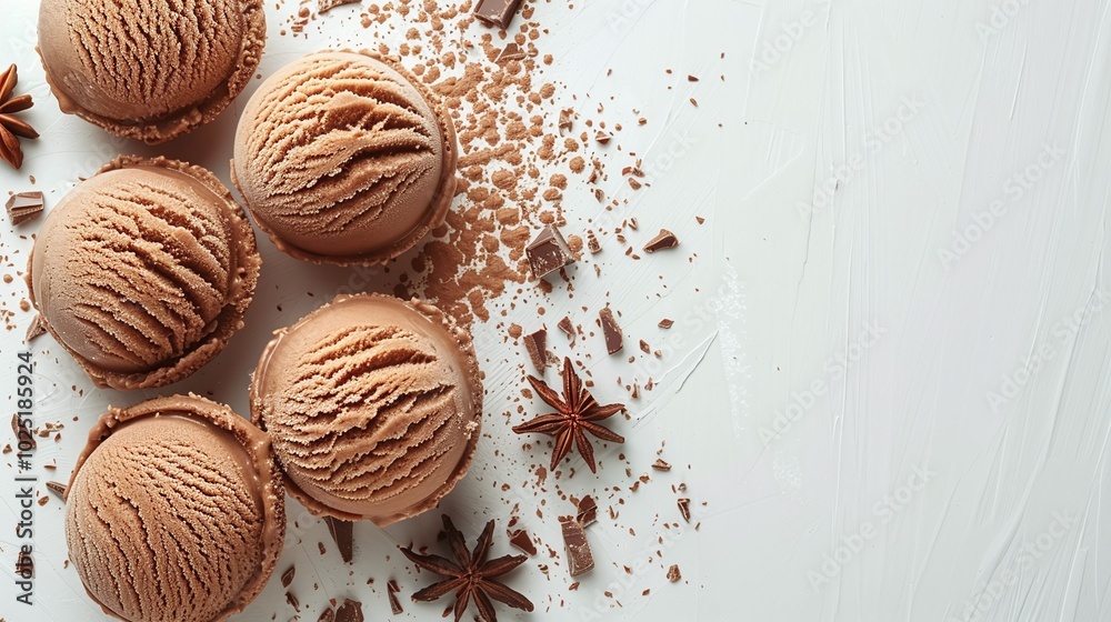Scoops of rich chocolate ice cream with a dusting of cocoa powder and star anise arranged in a flat lay, perfect for dessert, sweet treat, or food photography with copyspace for text.
Scoops of rich chocolate ice cream with a dusting of cocoa powder and star anise arranged in a flat lay, perfect for dessert, sweet treat, or food photography with copyspace for text.