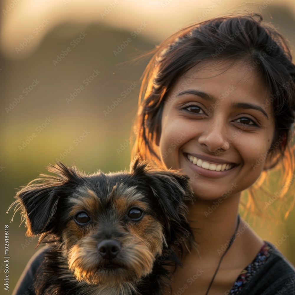 A woman is smiling and holding a small dog A woman is smiling and holding a small dog