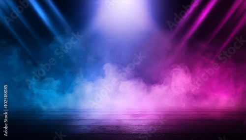 Colorful stage lights casting vibrant beams and colored smoke in a performance setting during an evening event photo