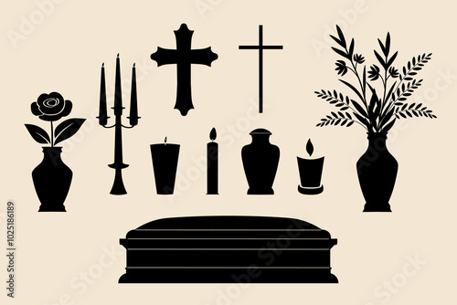 Funeral icons. Silhouette illustration with Cross, coffin, candlestick, bouquet in a vase, flower, urn for ashes cremation, candles. Vector design elements for Morning wishes, condolence, invitation