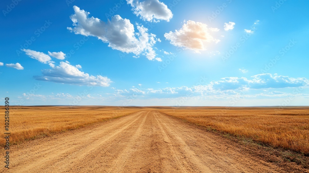 A dirt road meanders across vast golden fields, with a clear blue sky above scattered with soft clouds. The sun shines brightly, creating a serene countryside atmosphere A dirt road meanders across vast golden fields, with a clear blue sky above scattered with soft clouds. The sun shines brightly, creating a serene countryside atmosphere