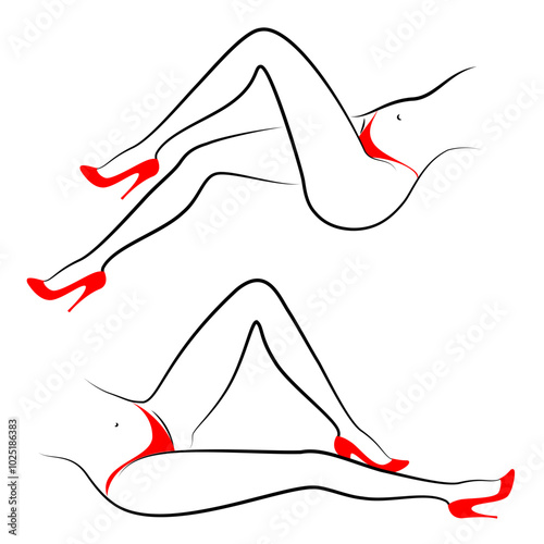 Collection. Silhouette of a beautiful female figure, legs in red high-heeled shoes and a bikini. Standing method. The mouth is thin. Set of vector illustrations.