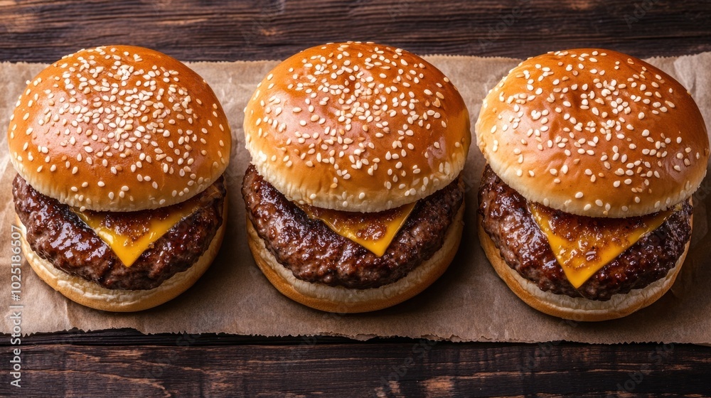 Three delicious cheeseburgers are stacked on brown parchment paper, showcasing perfectly grilled patties and melted cheese, creating an inviting meal perfect for any occasion Three delicious cheeseburgers are stacked on brown parchment paper, showcasing perfectly grilled patties and melted cheese, creating an inviting meal perfect for any occasion