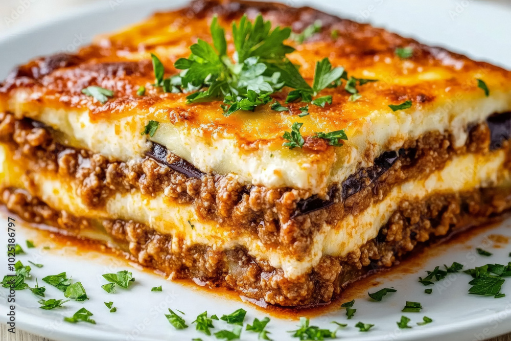 A Close-Up Of A Baked Moussaka, Layered With Eggplant, Ground Meat, And B??Chamel Sauce, Beautifully Golden And Garnished With Fresh Parsley, Inviting The Viewer To Savor The Dish A Close-Up Of A Baked Moussaka, Layered With Eggplant, Ground Meat, And B??Chamel Sauce, Beautifully Golden And Garnished With Fresh Parsley, Inviting The Viewer To Savor The Dish