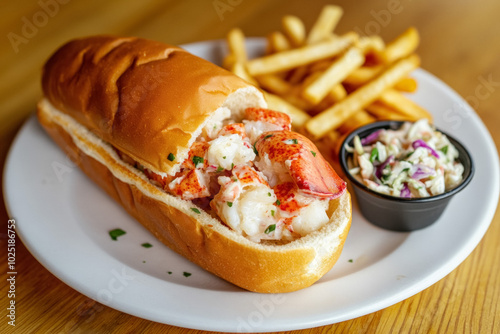 A Classic Boston Lobster Roll Served With A Side Of Fries And Coleslaw, Capturing The Essence Of Local Seafood Cuisine photo