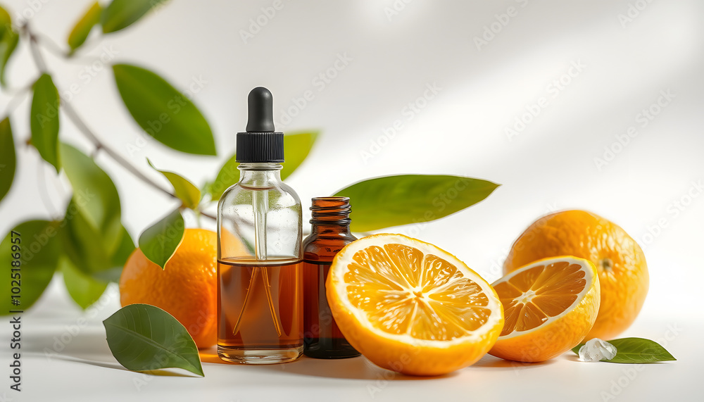 Composition with bottle of essential oil and fresh citrus fruits on light background isolated with white highlights, png Composition with bottle of essential oil and fresh citrus fruits on light background isolated with white highlights, png