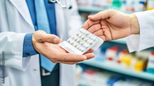 A healthcare professional provides a patient with a pack of prescribed medication in a pharmacy. The setting reflects a typical medical environment filled with shelves of various products