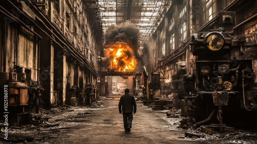 Amidst the crumbling remnants of an old factory, a solitary person walks through a dusty interior, with billowing smoke and bright flames illuminating the background