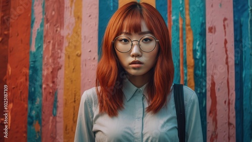 Portrait of Individual with Red Hair and Glasses in Front of Artistic Background photo