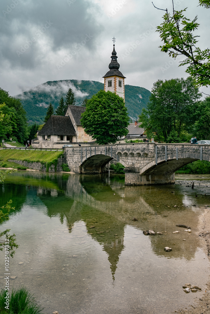 Church and bridge in the town of Bohinj in Slovenia Church and bridge in the town of Bohinj in Slovenia