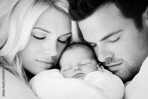 A Close-Up Of The Parents' Faces Filled With Joy As They Gaze Down At Their Sleeping Newborn, Capturing The Emotion And Connection In A Gentle, Intimate Setting