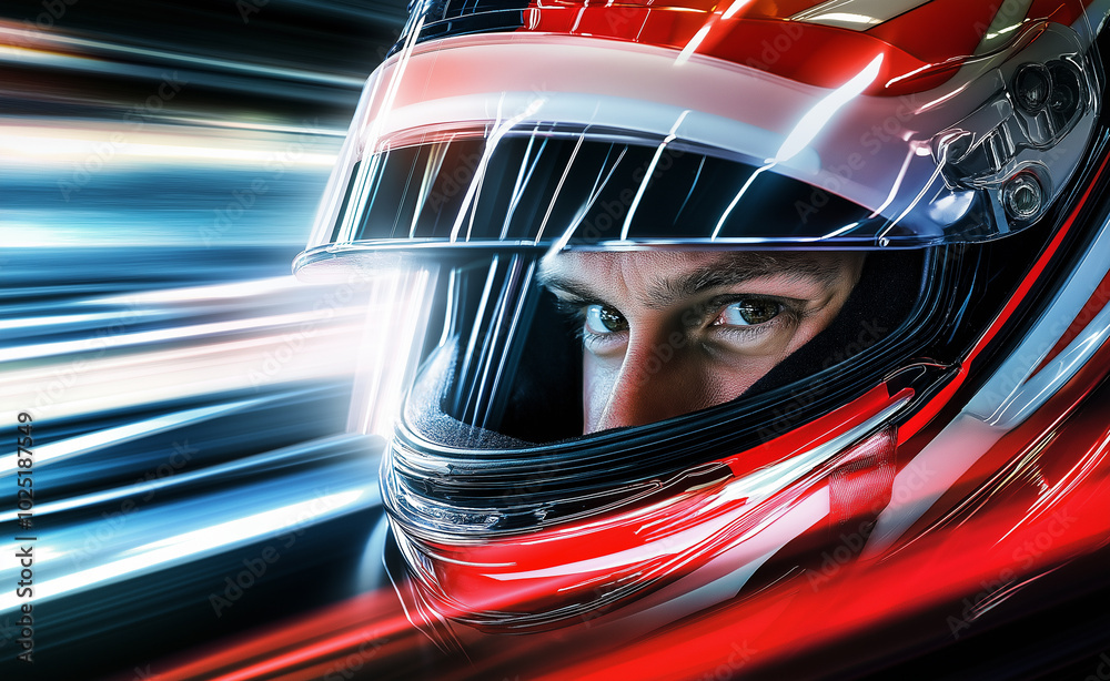 Close-up of a race car driver with intense blue eyes, wearing a helmet and looking focused. Close-up of a race car driver with intense blue eyes, wearing a helmet and looking focused.