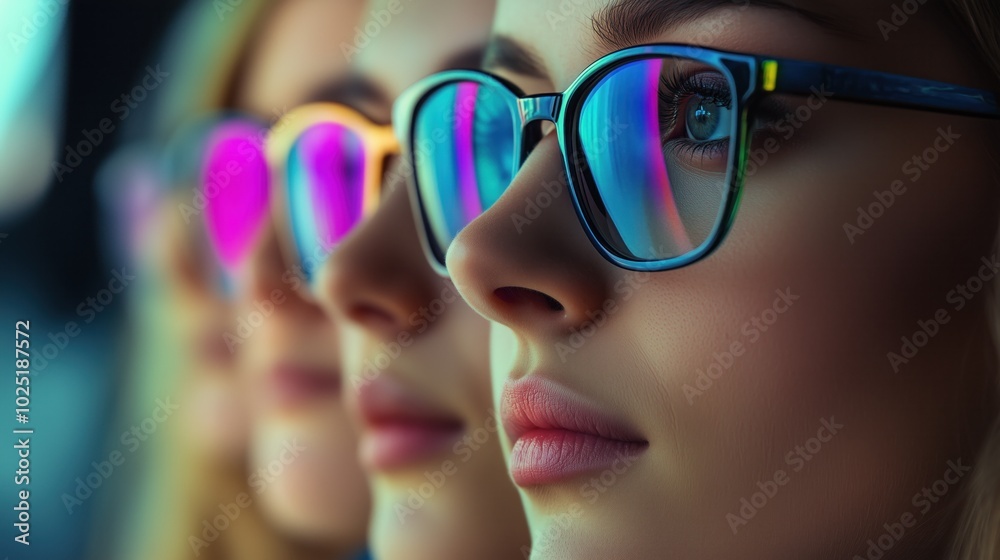 Three young women enjoy an outdoor activity as they wear colorful reflective sunglasses, highlighting their expressions and the vibrant atmosphere around them on a sunny day Three young women enjoy an outdoor activity as they wear colorful reflective sunglasses, highlighting their expressions and the vibrant atmosphere around them on a sunny day