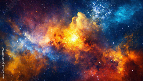 Vibrant cosmic cloud formations illuminated by starlight in a colorful galaxy, capturing the beauty of space at night