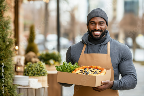 A Food Delivery Driver At The Doorstep, Handing Over A Steaming Hot Pizza To A Smiling Customer, With A Cityscape In The Background