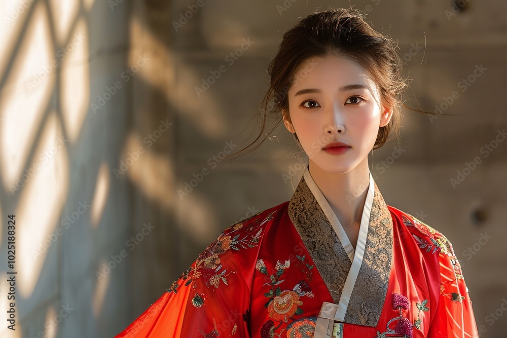 Korean woman in a traditional red hanbok, standing indoors with soft natural lighting, elegant expression, traditional attire, ideal for cultural, fashion, and heritage themes with copyspace.
Korean woman in a traditional red hanbok, standing indoors with soft natural lighting, elegant expression, traditional attire, ideal for cultural, fashion, and heritage themes with copyspace.