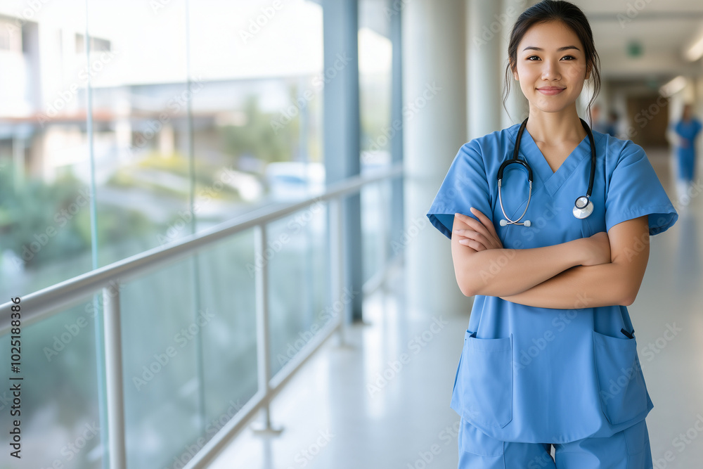 Smiling beautiful Asian nurse wearing blue scrubs in a bright and inviting hospital hallway Smiling beautiful Asian nurse wearing blue scrubs in a bright and inviting hospital hallway