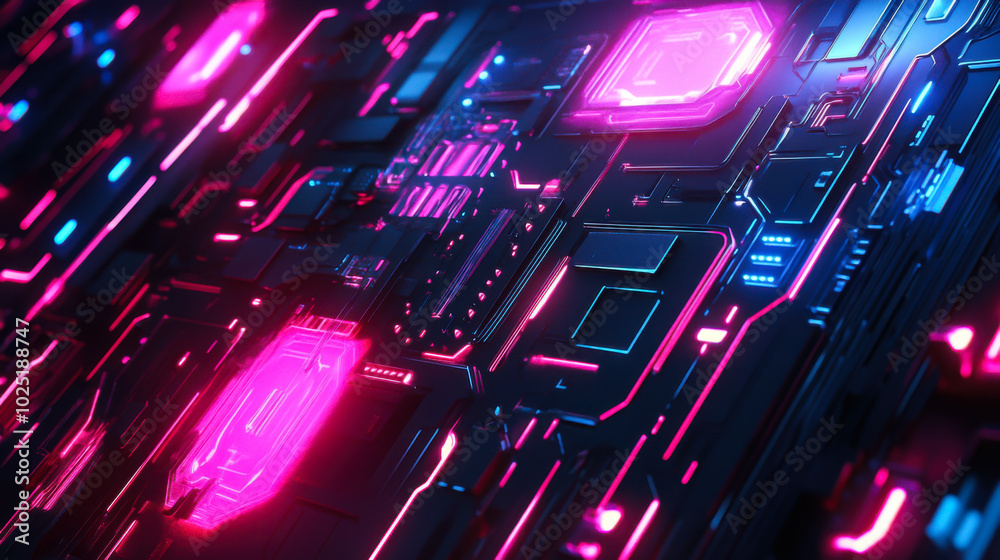 Abstract close-up of a vibrant, illuminated circuit board with pink and blue neon lights Abstract close-up of a vibrant, illuminated circuit board with pink and blue neon lights