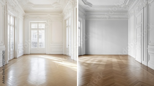 Wooden floor, natural light, and bright minimalist room