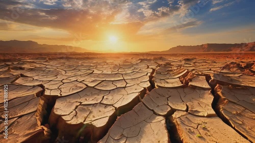 A parched landscape with deep cracks in the dry, sun-baked earth, illuminated by a golden sunset. The drought-stricken ground shows the harsh effects of climate change and extreme heat.