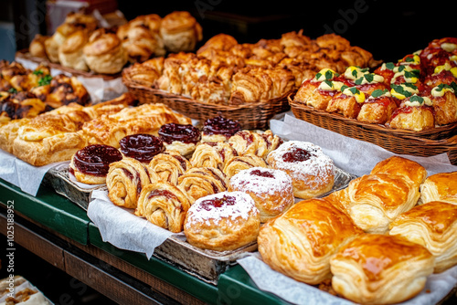 A Traditional English Pastry Stall, Showcasing Freshly Baked Scones And Pies, With Jam And Clotted Cream Elegantly Arranged Nearby