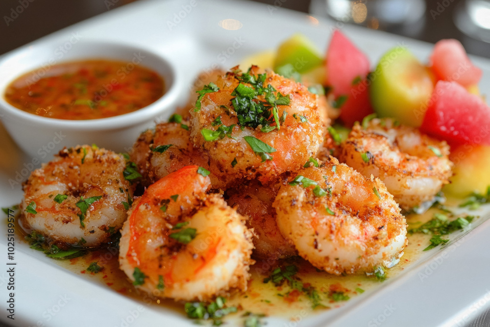 An Artistic Arrangement Of Coconut Shrimp, Beautifully Plated With Sweet Chili Sauce For Dipping And Garnished With Tropical Fruits