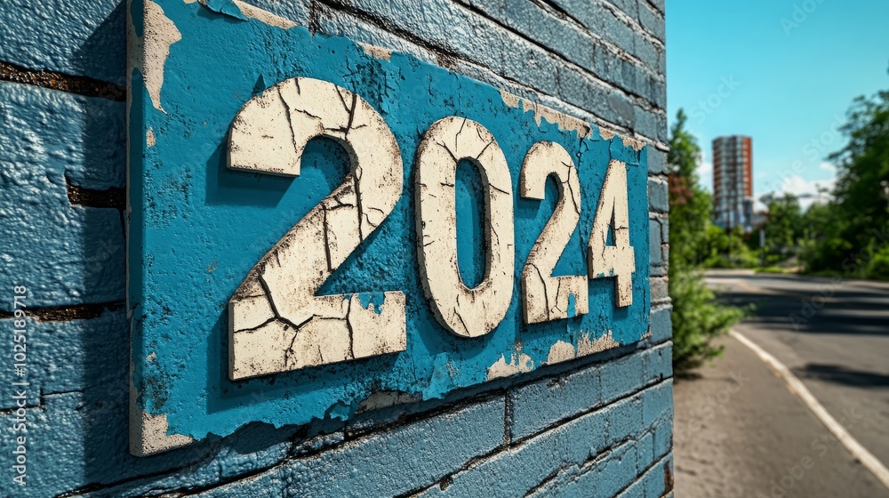 Obraz premium 2024 Written on a Wall with Scratched and Peeling Paint, Half the Numbers Worn Away to Reveal Rough Texture, Symbolizing the Passage of an Aged Year