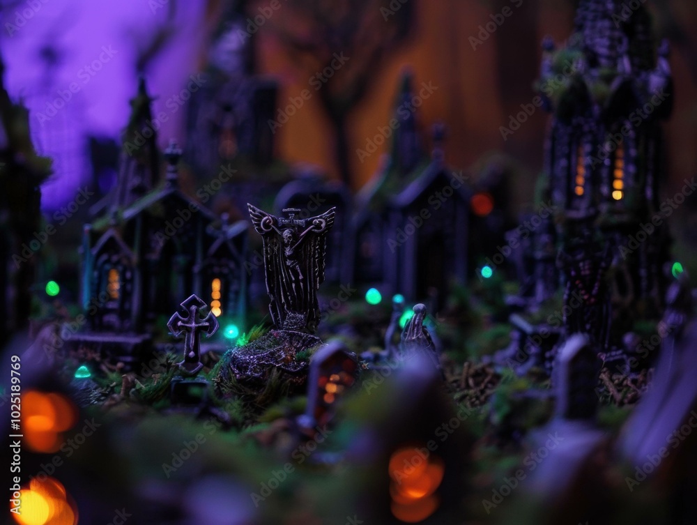 A miniature graveyard with a gothic angel statue. AI. A miniature graveyard with a gothic angel statue. AI.