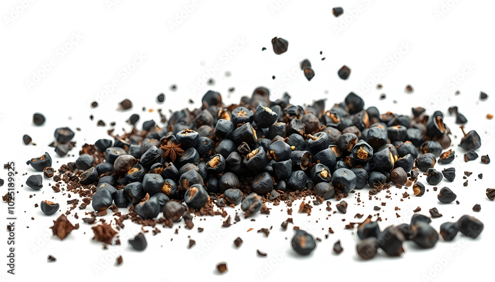 Black ground pepper scattered, spice flying isolated on white, clipping path isolated with white highlights, png Black ground pepper scattered, spice flying isolated on white, clipping path isolated with white highlights, png