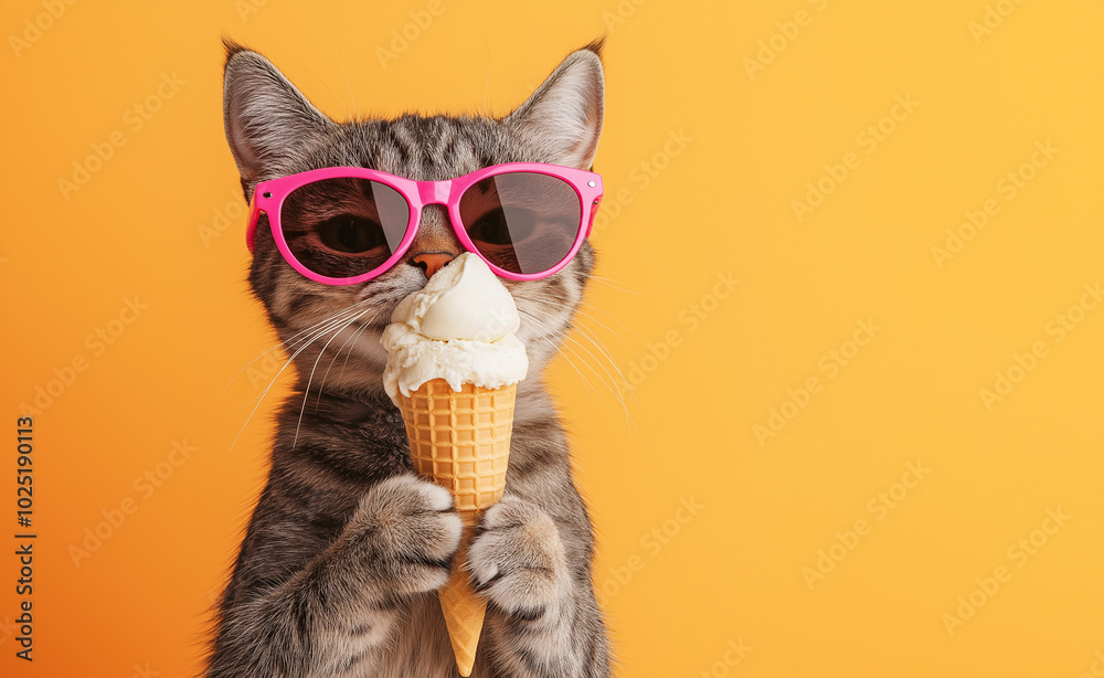 A cool cat wearing pink sunglasses and holding an ice cream cone against a bright orange background. A cool cat wearing pink sunglasses and holding an ice cream cone against a bright orange background.