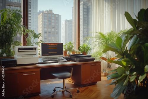 An Old Computer Workstation Featuring A Dot Matrix Printer And A Clunky Desktop Monitor, Showcasing The Evolution Of Computing Technology Over The Years photo