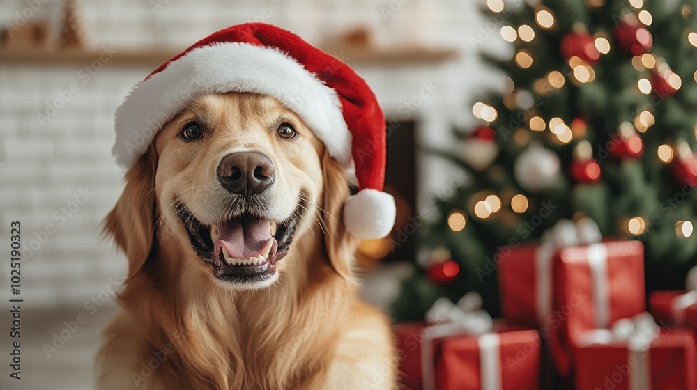 Golden Retriever Wearing Santa Hat for Christmas Golden Retriever Wearing Santa Hat for Christmas