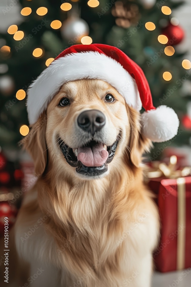 Golden Retriever Wearing Santa Hat for Christmas