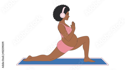 Pregnant Woman in Yoga Pose with Headphones – Anjaneyasana Illustration, Happy Pregnant Woman Illustration On Transparent Background