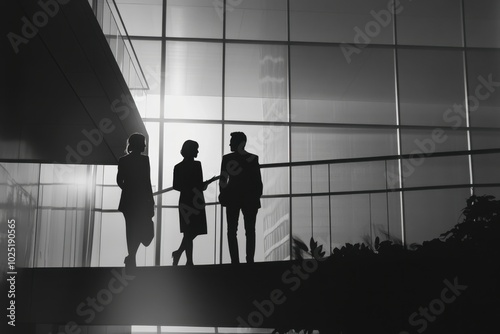 Silhouettes of business people in an office building with large windows and panoramic views, standing on the balcony or bridge near glass walls Generative AI