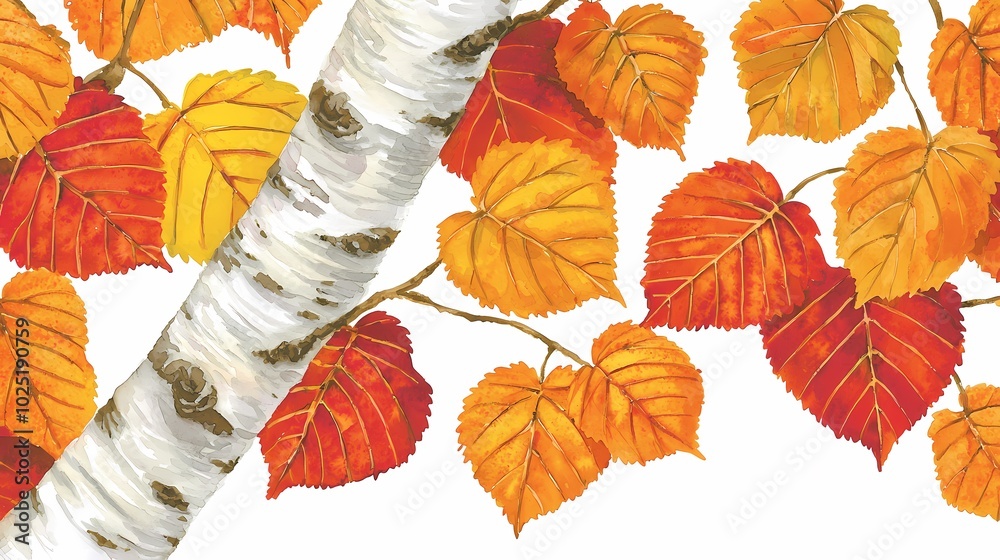 Fototapeta premium Warm Watercolor Fall Tree Leaves Painting