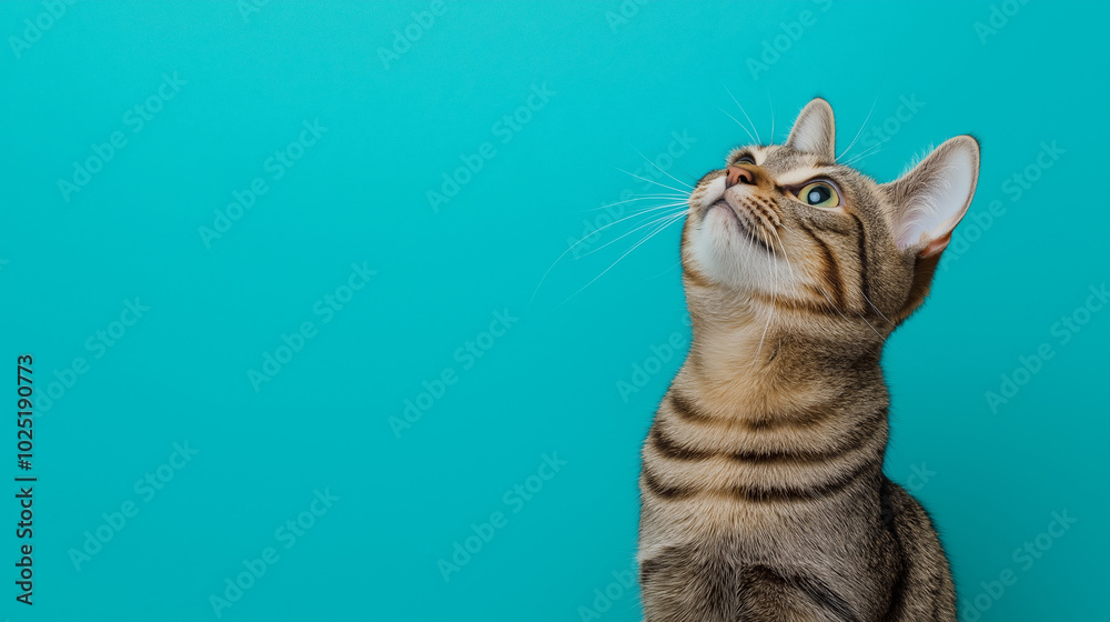 Fototapeta premium A curious cat gazing upward with a focused expression, set against a vibrant teal background.