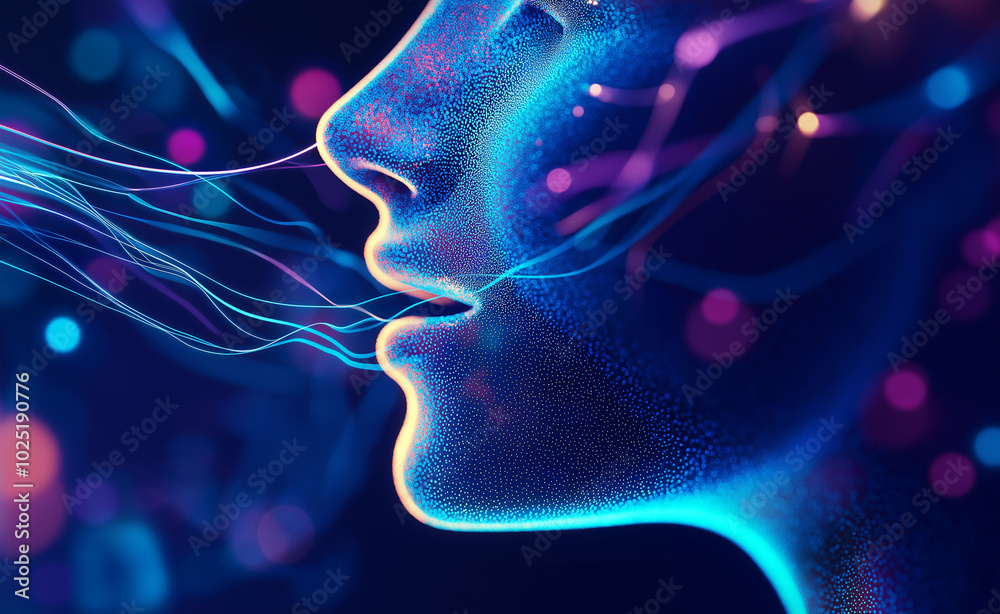 A futuristic visualization of a person blowing out colorful data streams from their mouth against a dark background. A futuristic visualization of a person blowing out colorful data streams from their mouth against a dark background.