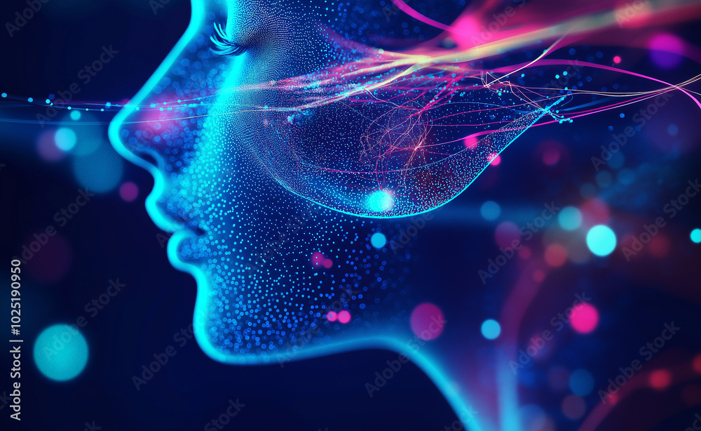 A futuristic visualization of a person blowing out colorful data streams from their mouth against a dark background.