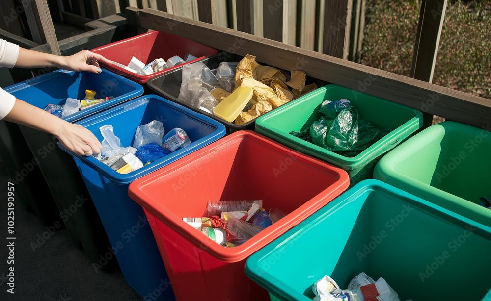 Several colorful recycling bins lined up, filled with various types of ...